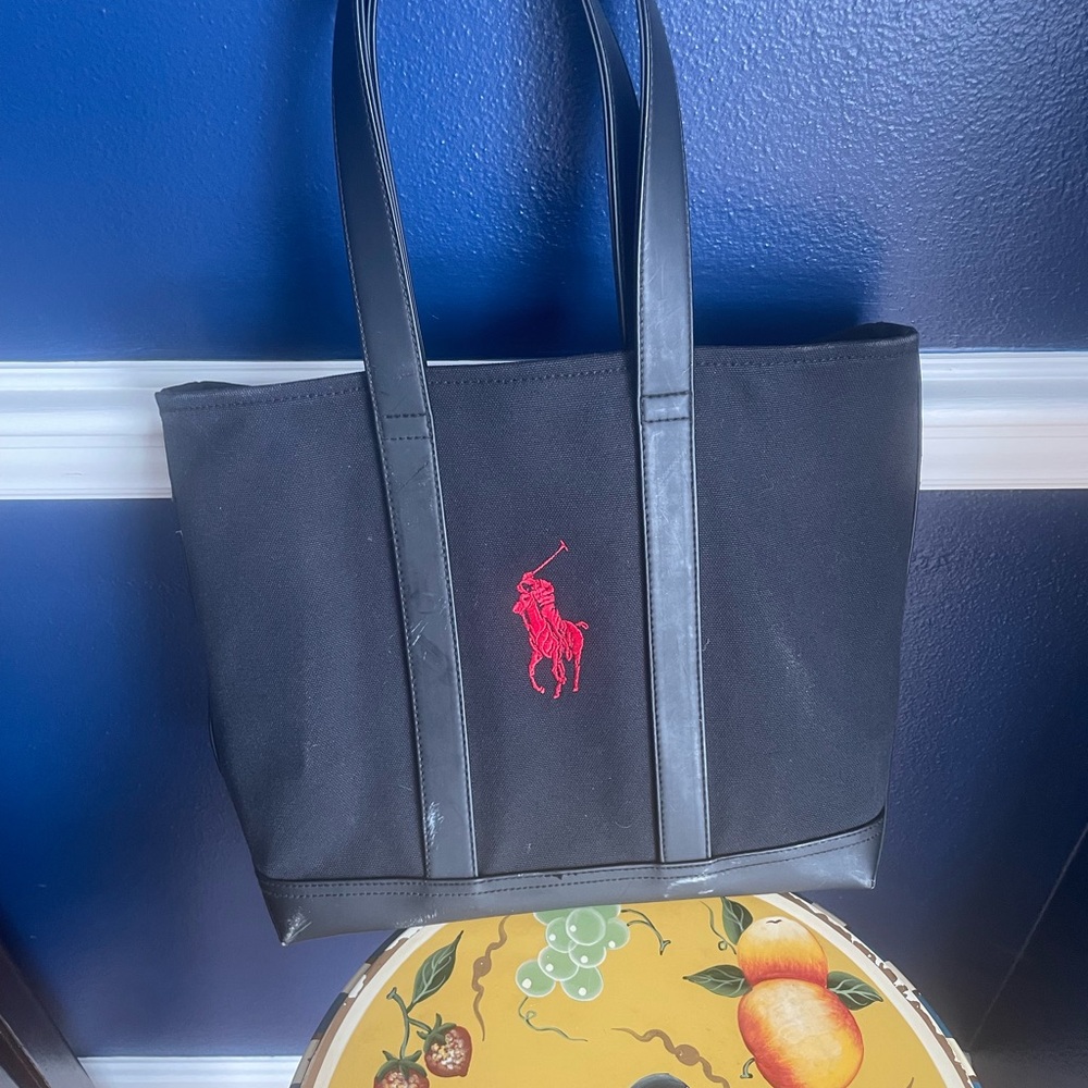 Ralph Lauren Black Canvas Tote with Black Leather Logo shoulder bag